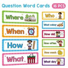 Conjunto de 16 tarjetas didácticas de aprendizaje con palabras interrogativas, titulares para pizarras y decoración del aula para profesores, auxiliares de enseñanza Montessori, suministros escolares para estudiantes y papelería escolar.