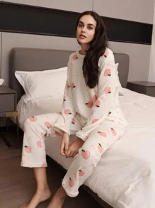 Conjunto De Pijama De Franela De Piel De Durazno Para Mujeres - Albaricoque - Ver 5