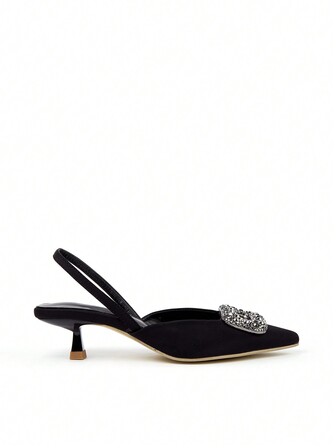 2024年春夏女款高跟鞋，尖頭涼鞋，優雅方形鑽石扣裝飾的中跟拖鞋，細帶設計，適合工作與休閒，低跟舒適不累腳