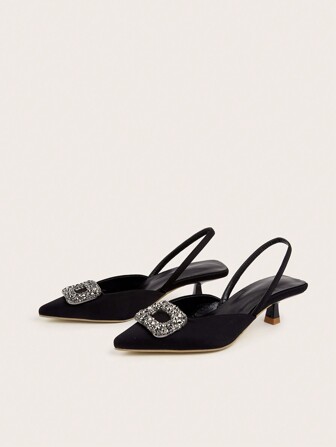 2024年春夏女款高跟鞋，尖頭涼鞋，優雅方形鑽石扣裝飾的中跟拖鞋，細帶設計，適合工作與休閒，低跟舒適不累腳