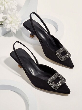 Women's High Heels 2024 New Spring & Summer Pointed Toe Sandals, Elegant Square Rhinestone Buckle Decor Kitten Heels Mules With Thin Strap, Comfortable For Working And Leisure, Low Heel For No Tiring Feet