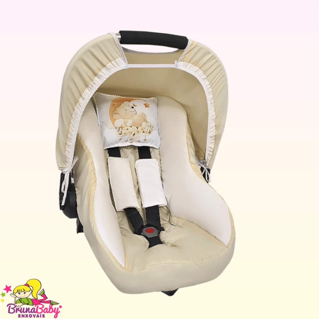 Kit Bebê Conforto: Capota + Protetores de Cinto + Capa Acolchoada + Almofadinha Temática - 5 Peças - Bege - Visão 1