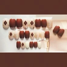 24入茶色菱形可穿戴假指甲秋冬指甲貼顏色搶眼的美甲貼溫和的假指甲貼【每包包含果凍膠和擦拭墊】 - 彩色 - 查看 4