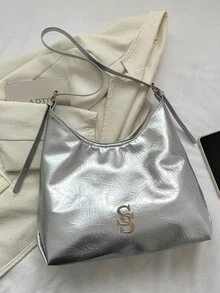 银色大容量字母装饰单肩斜挎包，时尚通勤女包 - 銀色 - 查看 5