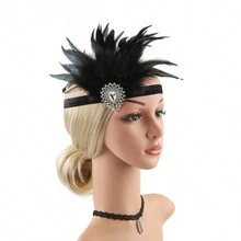 1920s Gatsby Feather Headband - Black - View 1