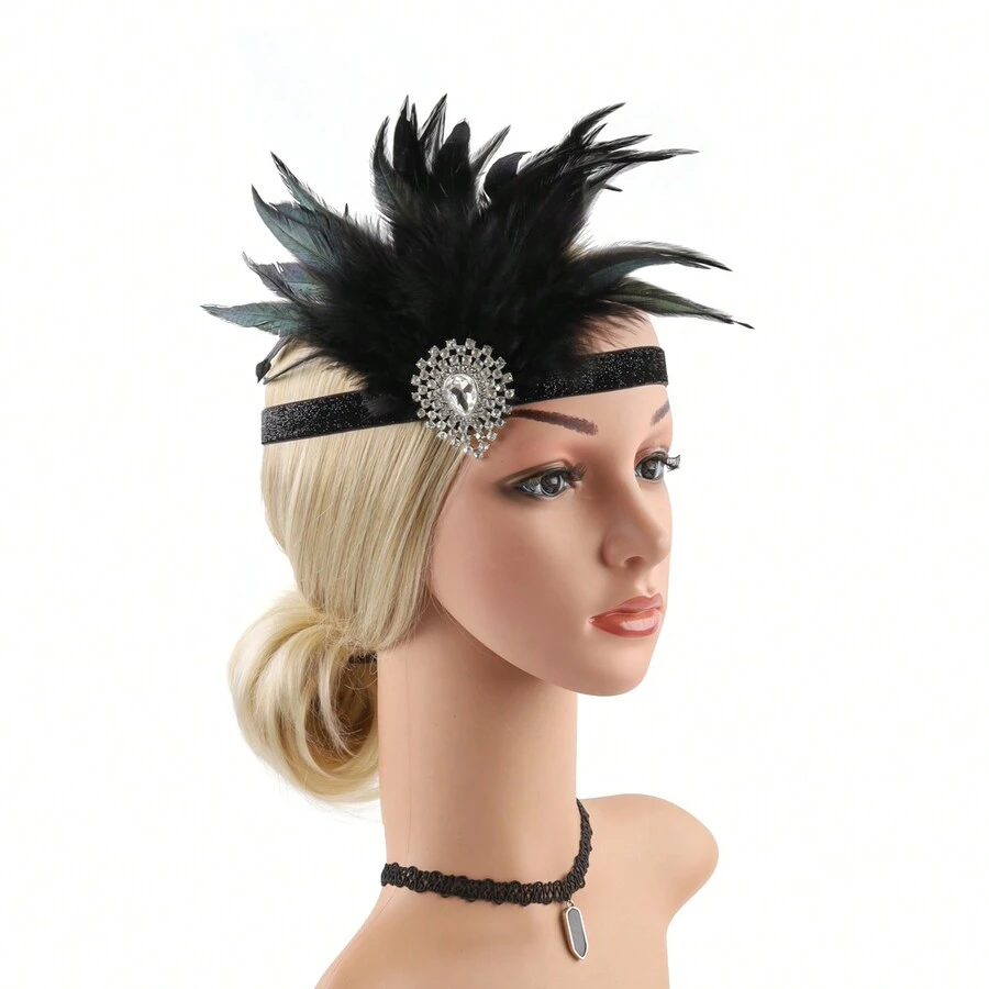 1920s Gatsby Feather Headband - Black - View 1