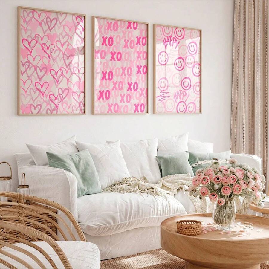 3入組粉紅塗鴉開心臉心臟時尚畫,時尚牆藝海報高清帆布印刷現代畫,女孩房間家居裝飾酒吧甜美宿舍裝飾,無框