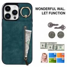 A New Multifunctional Retro Style Zipper Flip Wallet, With Finger Ring Bracket, Full Cover Shockproof & Wear Resistant, High Fashion Tpu Phone Case, Suitable For Various Apple Models