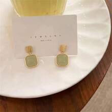A Pair S925 Silver Needle Square Earrings Elegant Simple Imitation Hetian Jade Geometric Drop Earrings - Green - View 3