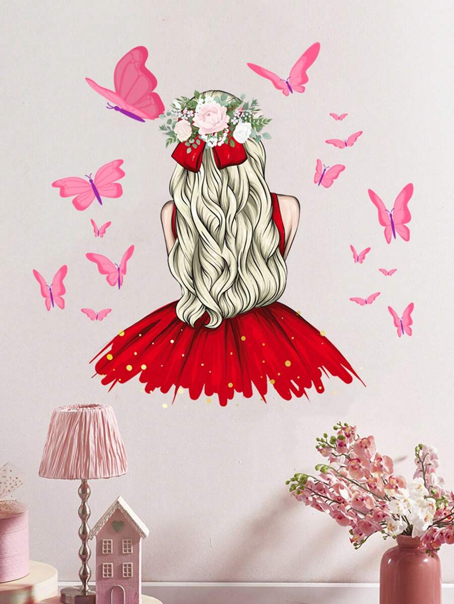 1張卡通女孩剪影蝴蝶裝飾貼紙,自粘式可拆卸pvc貼紙,適用於客廳和臥室牆壁裝飾