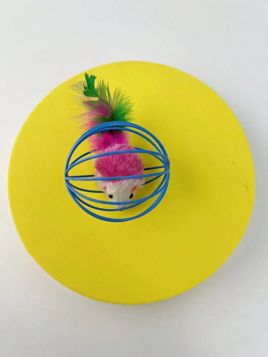 1pc Cat Mouse Toy With Feather Tail For Interactive Play, In Cage-shaped Design - Blue - View 1