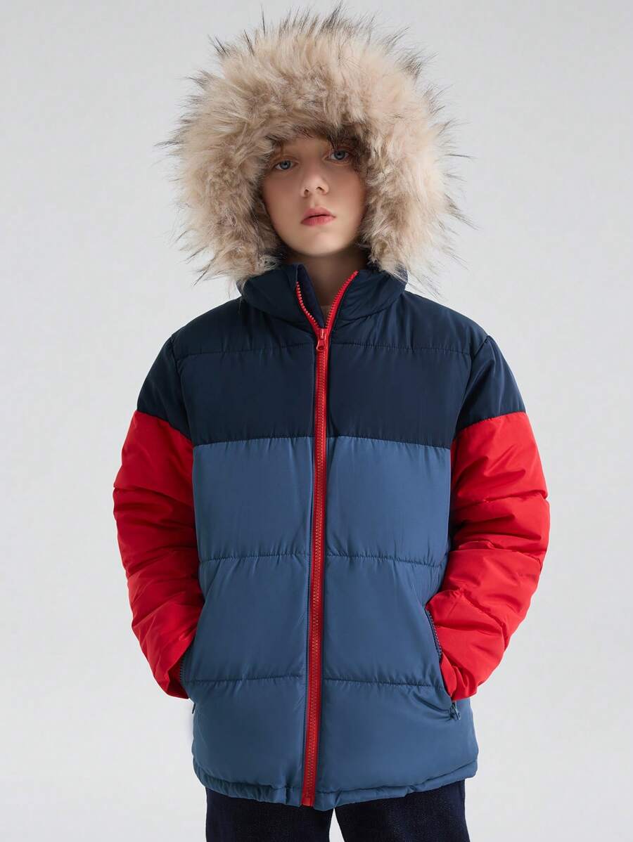 SOLOCOTE Boys' Thickened Waterproof Windproof Hooded Coat With Pockets And Zipper For Winter - Multicolor - View 1