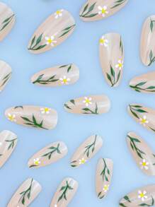 24 Piezas Uñas De Almendra Cortas Con Diseño De Pequeñas Flores Silvestres Pintado A Mano, Perfectas Para El Uso Diario - Multicolor - Ver 2