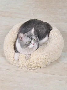 1pc Plush Round Pet Bed/Cat Bed For Large/Medium/Small Pets, Indoor Home Winter Warmth And Comfort - Apricot - View 5