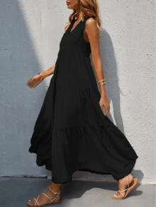 Vestido largo sin mangas y  cuello V - Negro - Ver 3