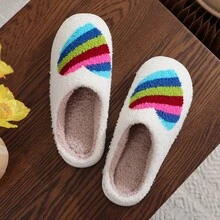 女用刺繡室內拖鞋,可愛風格,白色,記憶海綿,平底,冬季