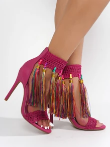 Women's Knit Crochet Tassels Open Toe Heels - Single Round Toe Ultra High Heel For Evening Wear - Hồng - Xem 5