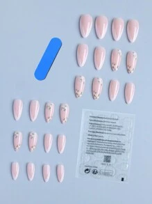 提升您的风格，24 件长款杏仁白法式花朵条纹设计假指甲套装，包含 1 件果冻胶和 1 件指甲锉，适合女士和女孩日常佩戴