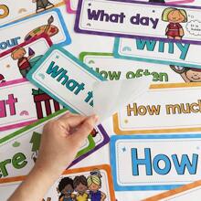 Conjunto de 16 tarjetas didácticas de aprendizaje con palabras interrogativas, titulares para pizarras y decoración del aula para profesores, auxiliares de enseñanza Montessori, suministros escolares para estudiantes y papelería escolar.