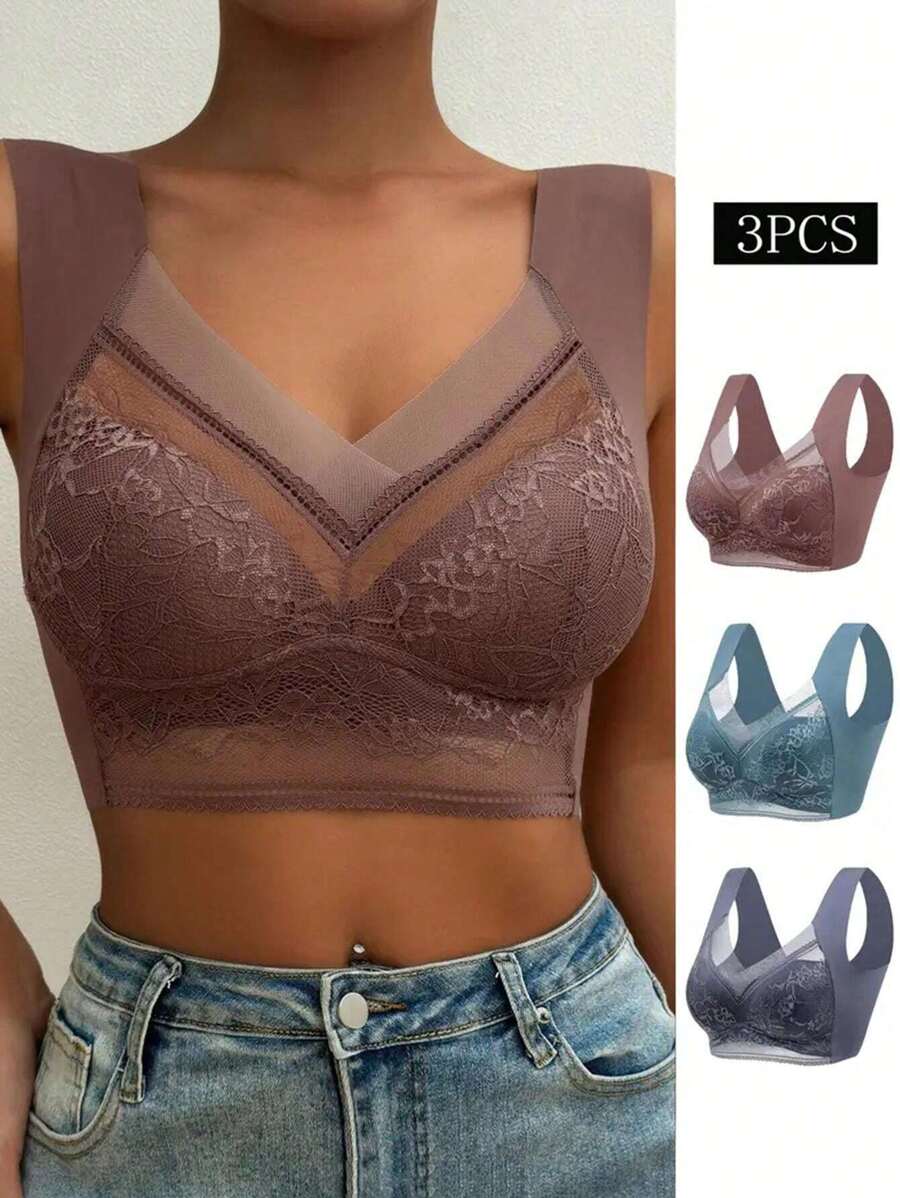 (3pcs/Set) Women's Bra, Lingerie - Blue - View 1