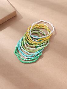 12 Bohemian Style Rice Beads Beaded Elastic Bracelet Set For Women Beach Vacation Style Diy Bracelet Combination - Green - View 4