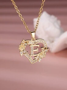 Tsnamer 1 Stück exquisiter Halskette mit kubischem Zirkonia-Initialen und herz-geschnitztem 26 Buchstaben A-Z sowie Blumen, Damen Schmuck für den täglichen Gebrauch