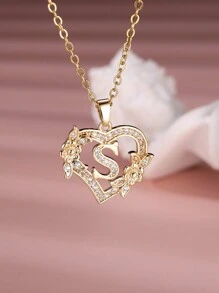Tsnamer 1 Stück exquisiter Halskette mit kubischem Zirkonia-Initialen und herz-geschnitztem 26 Buchstaben A-Z sowie Blumen, Damen Schmuck für den täglichen Gebrauch