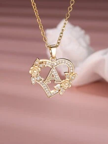 Tsnamer 1 Stück exquisiter Halskette mit kubischem Zirkonia-Initialen und herz-geschnitztem 26 Buchstaben A-Z sowie Blumen, Damen Schmuck für den täglichen Gebrauch