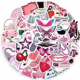 50pcs 3D Pink Waterproof DIY Creative Stickers Toys,Laptop PC Computer Mobile Smartphones Phone Case Guitar Desktop Cup Travel Motorcycles Car Accessories Sticker,Perfect Gifts