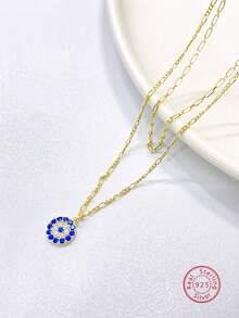 1pc 925 Sterling Silver & Zirconia Double Layered Fashionable & Luxurious Necklace, Perfect For Women'S Daily Wear, Commute, Autumn And Winter, Jewelry Gifts - Yellow Gold - View 4