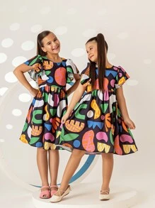 Vestido Infantil Feminino Moda Festa Blogueirinha Colorido com Babado