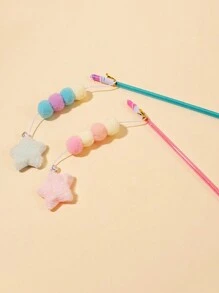 1pc Random Color Star & Pom Pom Decor Cat Teaser Stick - Multicolor - View 4