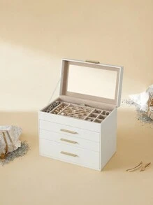 SONGMICS Schmuckkästchen, Schmuckkasten mit 4 Ebenen, Schmuckbox mit Glasdeckel, 3 Schubladen, für Sonnenbrillen, große Schmuckstücke, Schmuckaufbewahrung, modern, wolkenweiß-golden JBCDE161W01 - Weiss - Übersicht 3