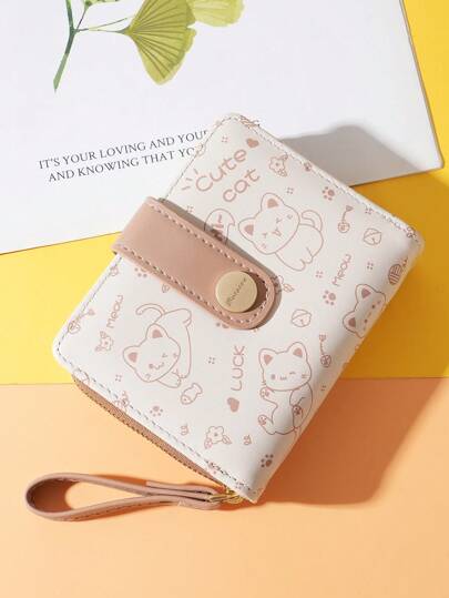 BATSIOE 女士可爱小猫钱包，清新日式风格短拉链零钱包，柔软女孩卡包