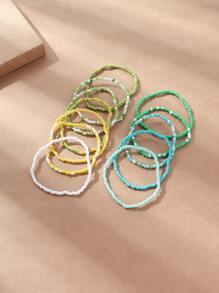 12 Bohemian Style Rice Beads Beaded Elastic Bracelet Set For Women Beach Vacation Style Diy Bracelet Combination - Green - View 6