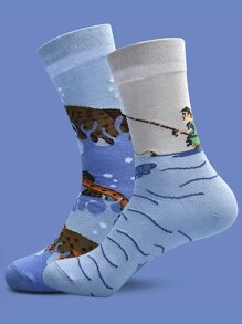 1双男女款钓鱼图案保暖中筒袜，秋季 - 彩色 - 查看 2