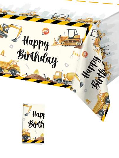 1Pc Construction Vehicle Pattern Tablecloth Table Runner For Laddie's Birthday Party Decoration ,Newborn Party Decor ,Family Friends Gathering Table Decoration ,Home Decor, Back To School Valentine Day