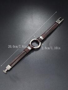 1pc Handmade Leather Punk Rock Style Metal Ring Bracelet For Men, Non-Adjustable Size, Suitable For Daily Wear - Brown - View 4