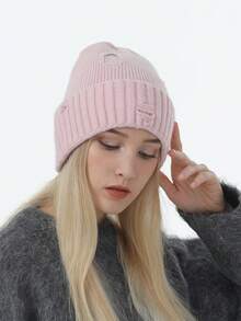 1頂女士簡約純色鬆垮針織帽(帽子上有孔),室外休閒暖和帽子,適用於日常穿著 - 粉色 - 查看 3