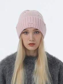 1頂女士簡約純色鬆垮針織帽(帽子上有孔),室外休閒暖和帽子,適用於日常穿著 - 粉色 - 查看 2