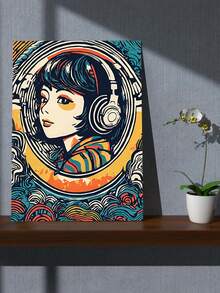 数字油画 5d 新款钻石马赛克贴纸现代艺术刺绣套件全圆形钻石画带耳机的女孩客厅墙饰，1 套