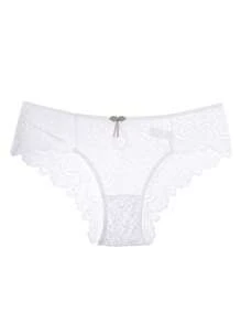 花朵蕾絲白色T型後背內褲，西式高腰水滴形蕾絲邊修剪女式褲子，帶清晰的實色中空修身三角三角褲 - 白色 - 查看 5