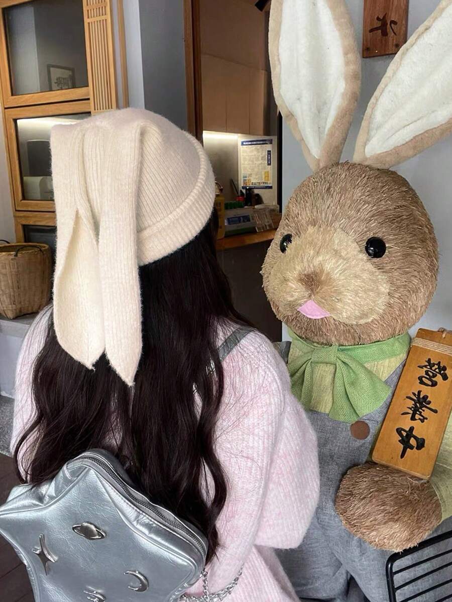 1頂y2k風格女性時尚可愛針織帽,帶兔耳朵 - 白色 - 查看 1