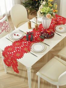 ABEST6522 Home&Living store 100% Polyester Christmas Red Poinsettia Hollow Table Runner, Hollow Floral Embroidered Tablecloth, Christmas Winter Holiday Decoration, Suitable For Dining Table, Kitchen, Christmas Party, Farmhouse Home Decor - Red - View 5