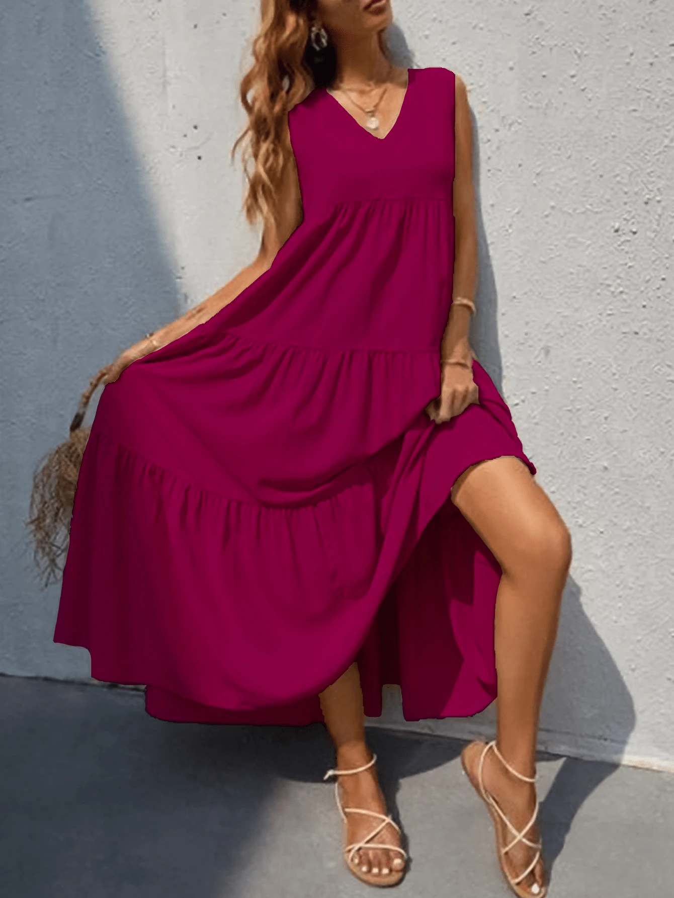 Vestido largo sin mangas y cuello V - Rojo violeta - Ver 1