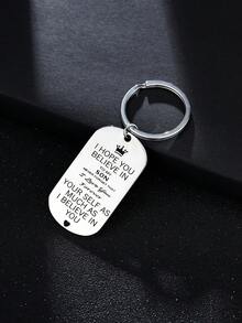 1pc Stainless Steel Dog Tag Keychain With Laser Engraved Text, European And American Style Keyring Accessory - Silver - View 1