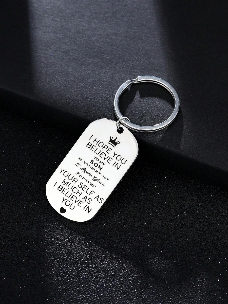 1pc Stainless Steel Dog Tag Keychain With Laser Engraved Text, European And American Style Keyring Accessory - Silver - View 1