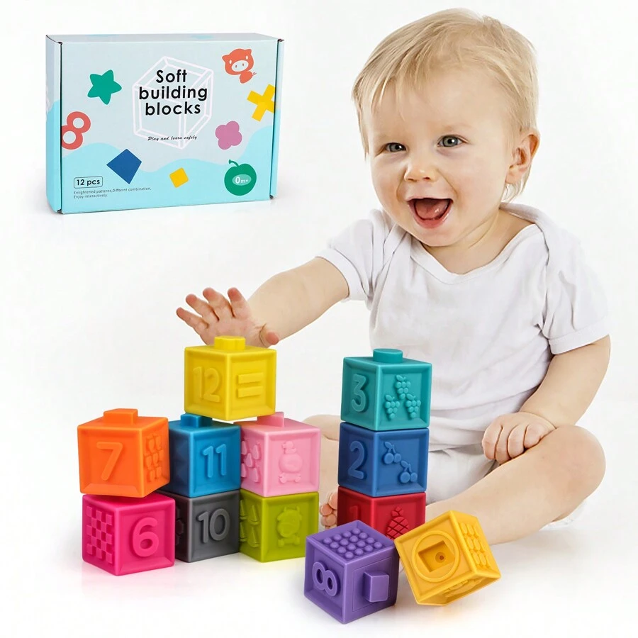 Amy&Benton Soft Baby Rubber Stacking Block 1 Year Old Toddler Silicone Building Blocks for 6 12 18 months Infant Teething Blocks - Multicolor - View 1