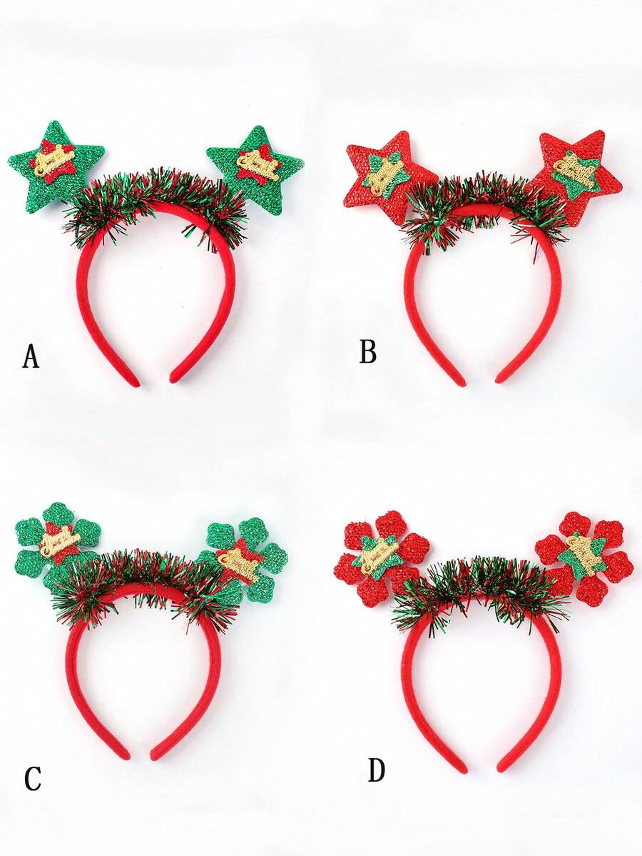 1件聖誕主題毛絨頭箍,帶鑲有星星和花朵的閃亮元素,是冬季派對的髮飾配件