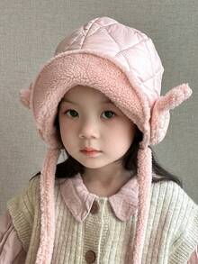 1pc Autumn Winter Kids' Solid Color Fashionable Unisex Ear-Protective Drawstring Cap - Pink - View 6